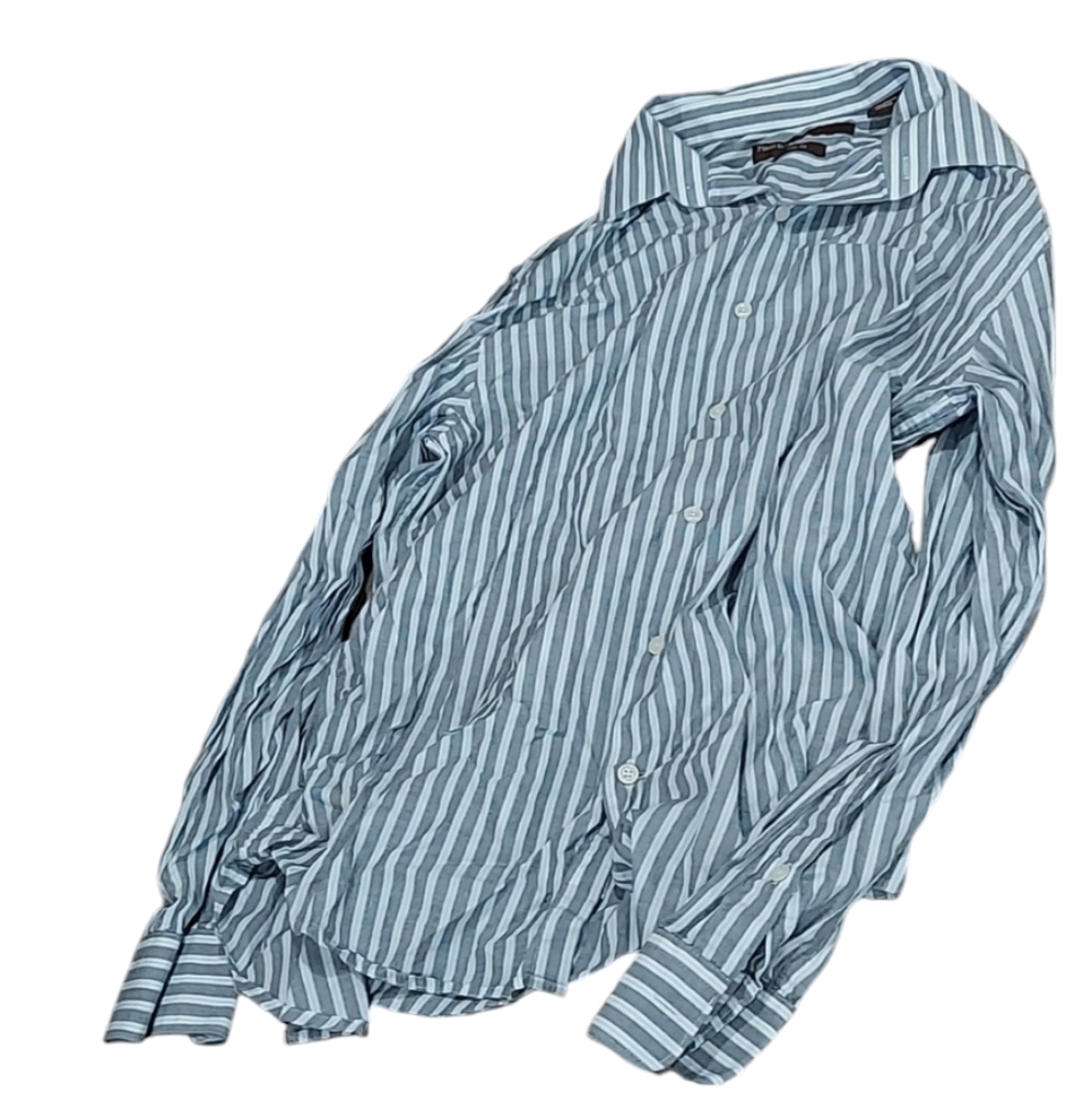 Men's perry Ellis city fit 100% cotton gray white striped button down shirt L